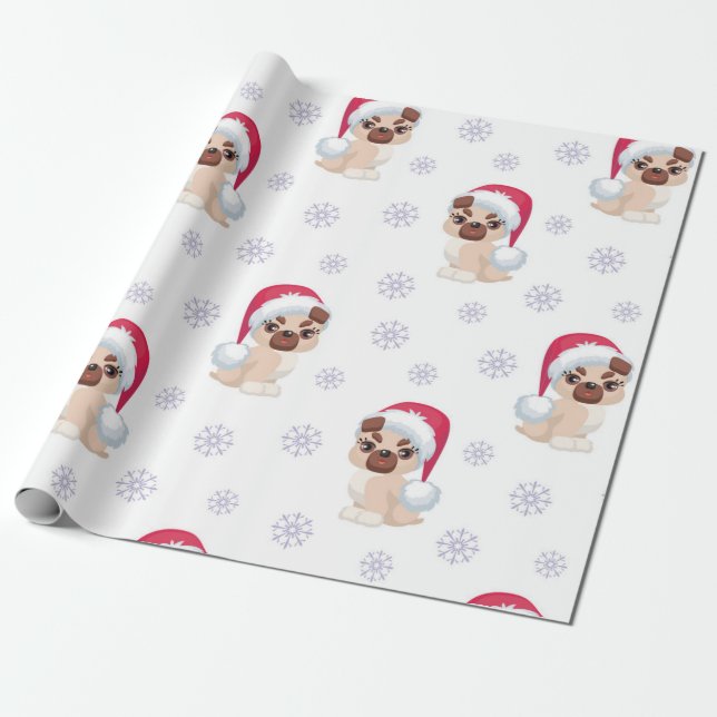 Christmas Girl Pug Santa Pattern Wrapping Paper (Unrolled)