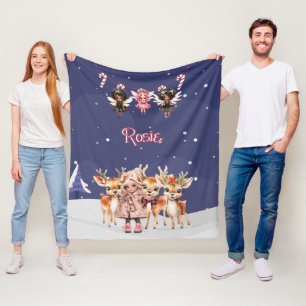Christmas Girl Reindeer Candy Cane Fairies Fleece Blanket