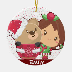Christmas Girl & Teddy Bear Holiday Personalised Ceramic Ornament