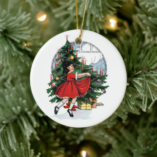 Christmas Girl Vintage Illustration Ceramic Ornament