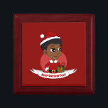 Christmas girl with an Afro cartoon Gift Box<br><div class="desc">A gift box with an illustration of a cute smiling African American girl with an Afro hairstyle, the girl is wearing a Santa Clause costume with a red hat and holding a present; in a red circle on a red background, with an editable text template for your name or message...</div>