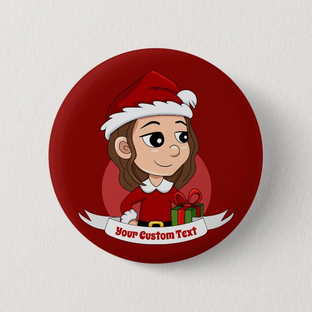 Christmas girl with brown wavy hair 6 cm round badge (Front)