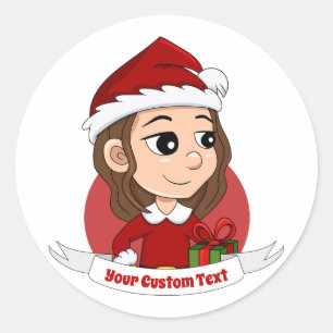 Christmas girl with brown wavy hair classic round sticker