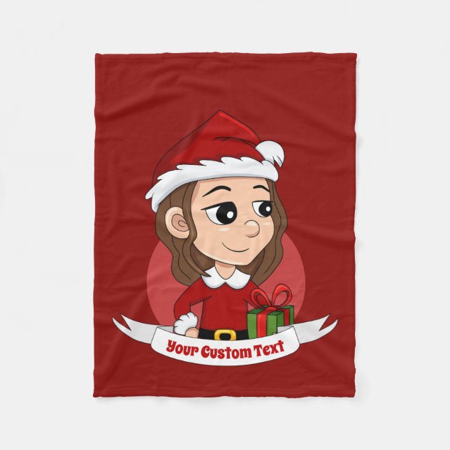Christmas girl with brown wavy hair fleece blanket (Front)