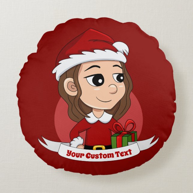 Christmas girl with brown wavy hair round cushion (Front)