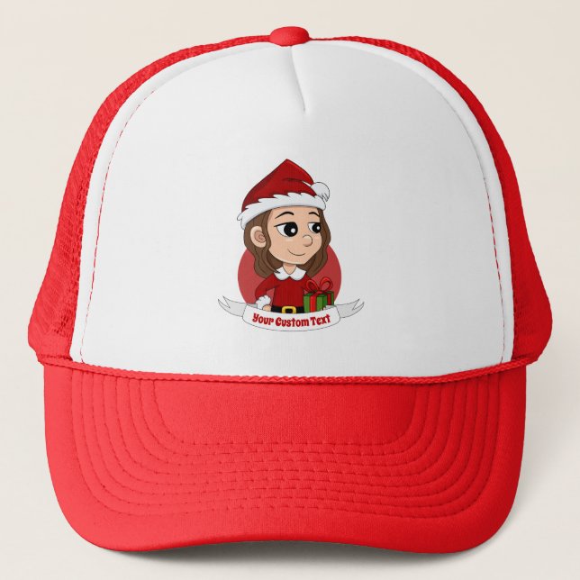 Christmas girl with brown wavy hair trucker hat (Front)