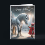 Christmas Girl With Dapple Grey Horse Holiday Card<br><div class="desc">Cute little girl wearing a red coat and hat feeding a carrot to a dapple grey horse in winter woods.
All text can be changed.</div>
