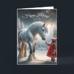 Christmas Girl With Dapple Grey Horse Holiday Card<br><div class="desc">Cute little girl wearing a red coat and hat feeding a carrot to a dapple grey horse in winter woods.
All text can be changed.</div>