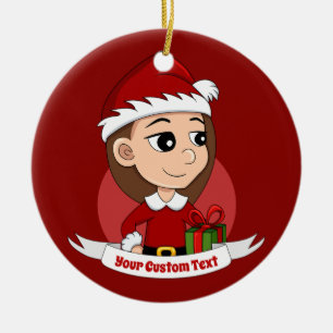 Christmas girl with long brown hair ceramic ornament