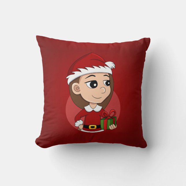 Christmas girl with long brown hair cushion (Front)