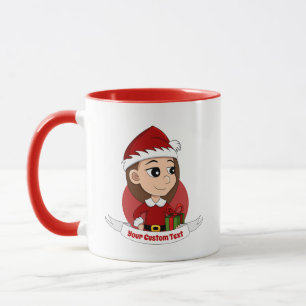 Christmas girl with long brown hair mug