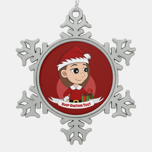 Christmas girl with long brown hair snowflake pewter christmas ornament (Front)