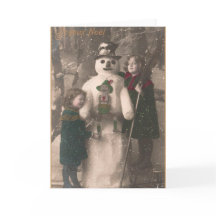 Christmas Girls and Snowman Vintage Photo