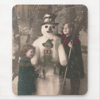 Christmas Girls and Snowman Vintage Photo Mouse Pad