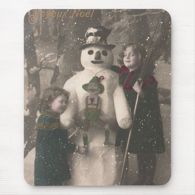 Christmas Girls and Snowman Vintage Photo Mouse Pad (Front)