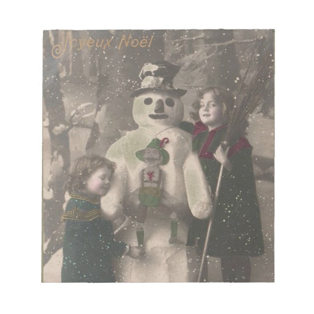 Christmas Girls and Snowman Vintage Photo Notepad (Front)