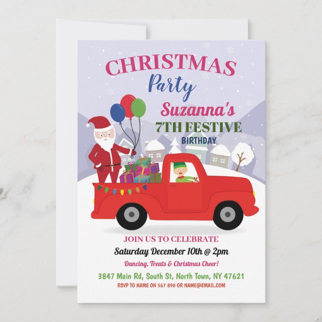 Christmas Girls Birthday Santa Party Festive Invitation (Front)