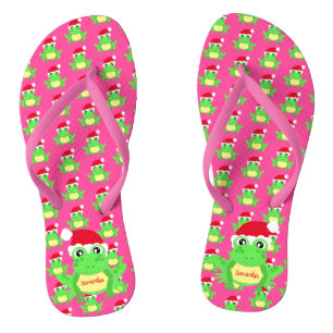 Christmas Girly Pink Frog Santa Hat Pattern Name Thongs