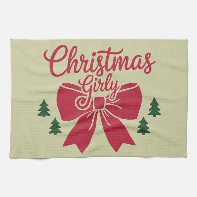 Christmas Girly Tree Bow Aesthetic Gift For Her Tea Towel (Horizontal)