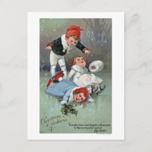 Christmas Gladness Ice Skating Kids Collapse Holiday Postcard