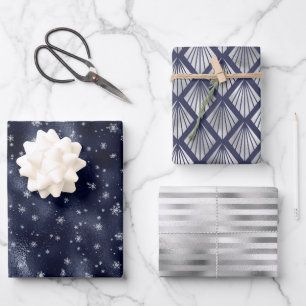Christmas Glam Snowflake Pattern Navy Blue Silver Wrapping Paper Sheet