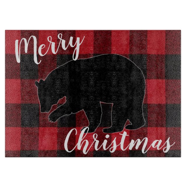 Christmas Glass Cutting Board Red Plaid Black Bear (Front)