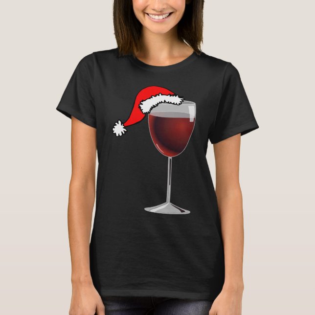 Christmas Glass Of Red Wine With Santa Hat T-Shirt (Front)