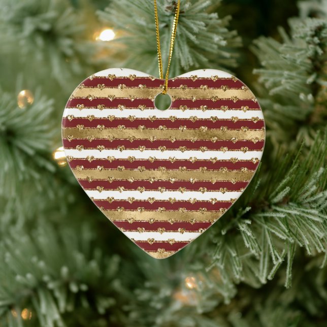 Christmas Glitter Gold Red Hearts Stripes Ceramic Ornament (Tree)