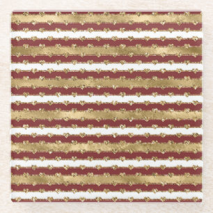 Christmas Glitter Gold Red Hearts Stripes Glass Coaster