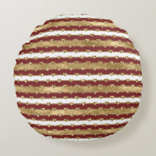 Christmas Glitter Gold Red Hearts Stripes Round Cushion