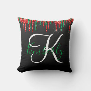 Christmas Glitter Monogram on Black Cushion