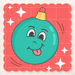 Christmas globe face smiley happy retro cartoon paper coaster