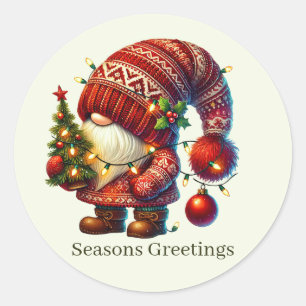 Christmas gnome add text Seasons Greetings Classic Round Sticker