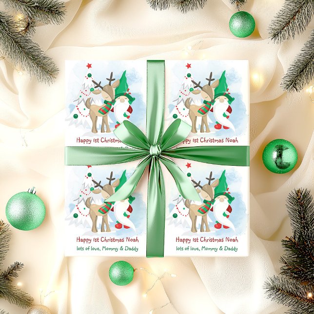 Christmas Gnome and Reindeer Cute Personalised Wrapping Paper (Gnome Christmas Wrapping Paper)