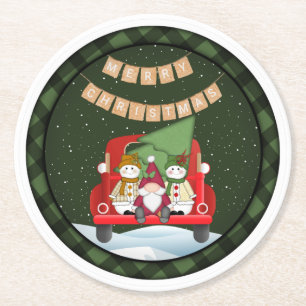 Christmas Gnome and Snowmen Round Paper Coaster