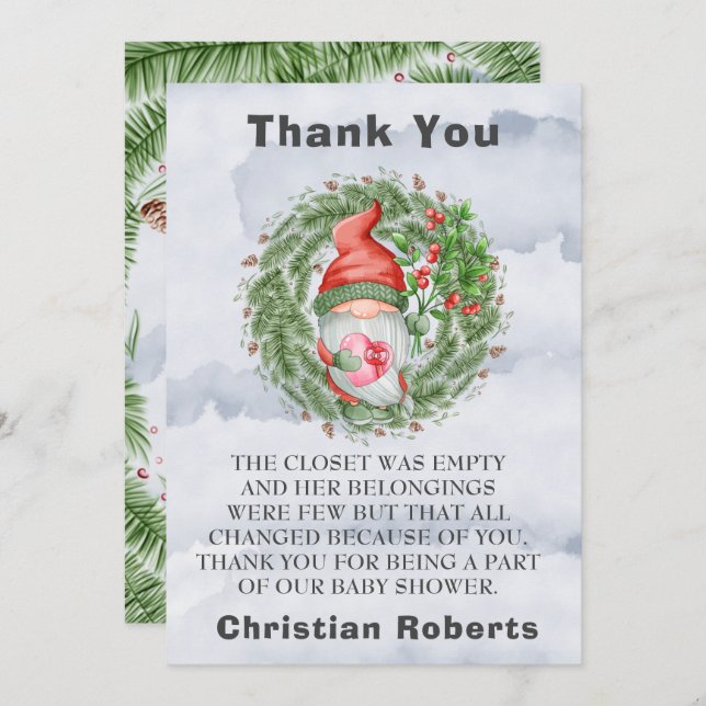 Christmas Gnome Birthday Party Thank You Cards (Front/Back)