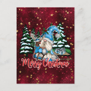 Christmas Gnome Burgundy Red Stars Postcard