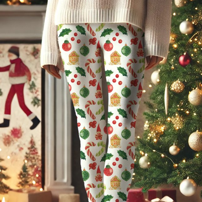 Christmas Gnome Candy Cane Holly Pattern Capri Leggings (Creator Uploaded)