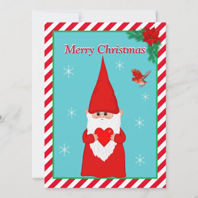 Christmas Gnome  & Cute Red Bird Christmas Card (Front)
