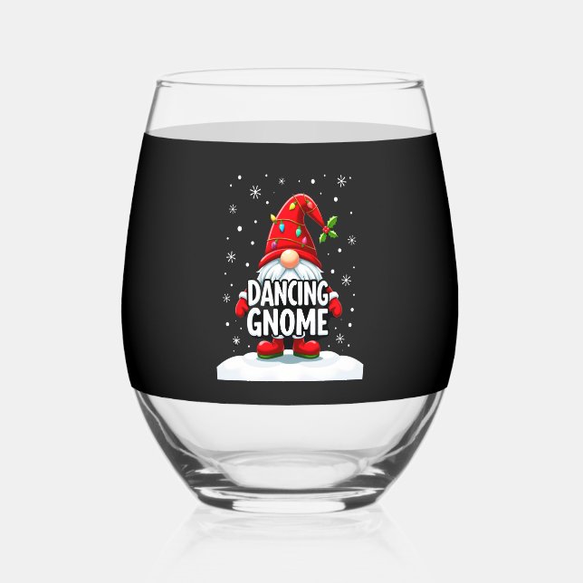 Christmas Gnome Dancing Gnome Family Christmas (5) Stemless Wine Glass (Front)