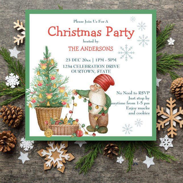 Christmas gnome decorating tree Christmas Party Invitation (Christmas gnome decorating tree Christmas Party Invitation)