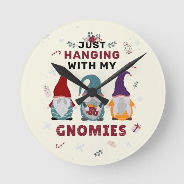 Christmas Gnome Family Cute Hanging Out Gnomies Round Clock (Front)