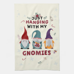 Christmas Gnome Family Cute Hanging Out Gnomies Tea Towel