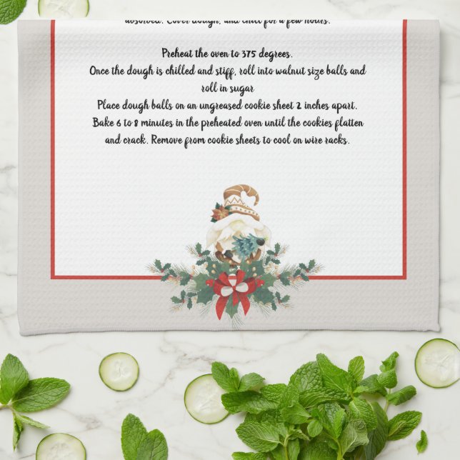 Christmas Gnome garland Grey Recipe keepsake  Tea Towel (Folded)