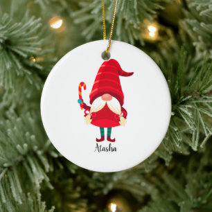 Christmas Gnome Holding A Candy Cane Ceramic Ornament