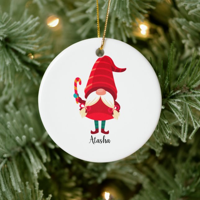 Christmas Gnome Holding A Candy Cane Ceramic Ornament (Tree)