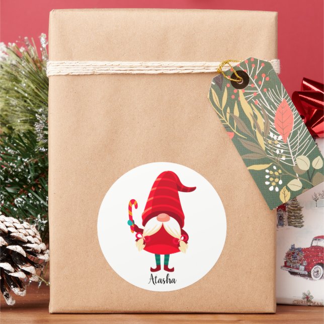 Christmas Gnome Holding A Candy Cane Classic Round Sticker (Holiday)