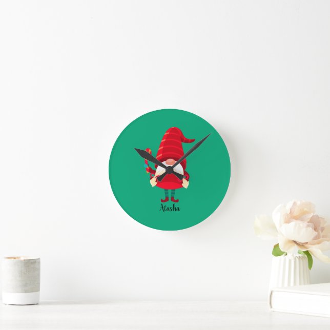 Christmas Gnome Holding A Candy Cane Round Clock (Home)