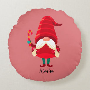 Christmas Gnome Holding A Candy Cane Round Cushion