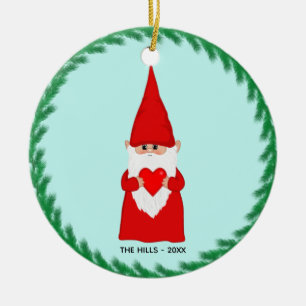 Christmas Gnome Holding a Heart on Light Blue Ceramic Ornament